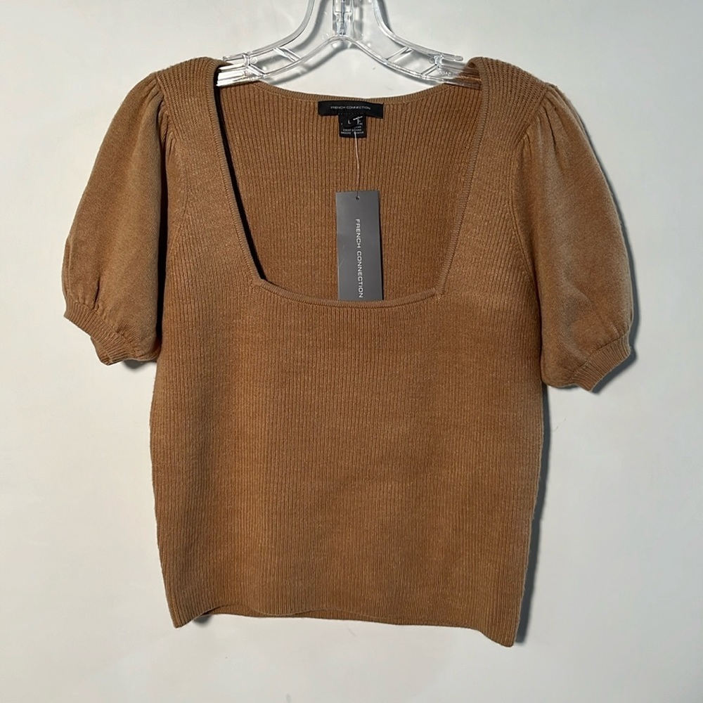 FRENCH CONNECTION NWT Milkmaid Boho Puff SLV SQ. Neck Mix Knit Camel Sweater L